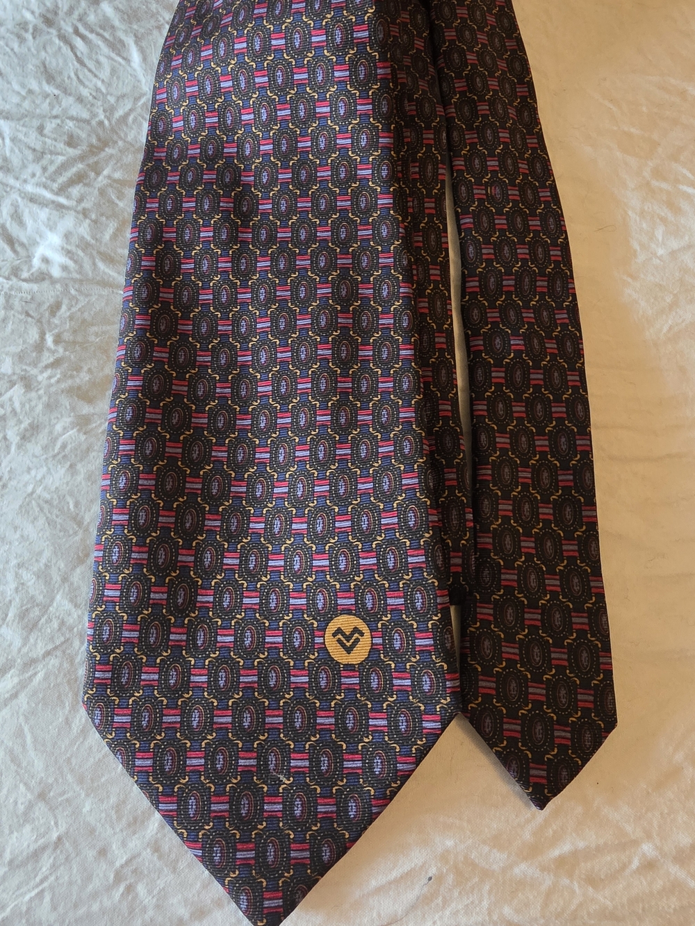 Valentino Navy Tie with Pink and Gold Geometric Pattern